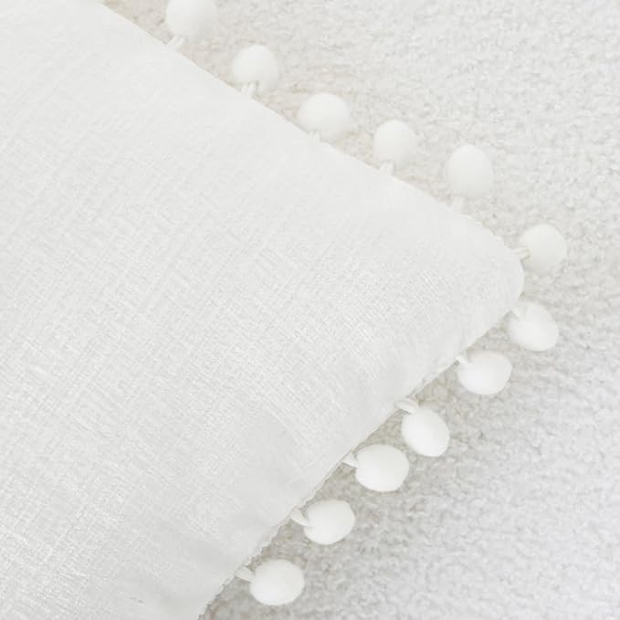CaliTime Decorative Couch Throw Pillow Covers 20 X 12 Inches True White | Pack of 2, Cozy Chenille Cushion Cases, with Pom Poms for Sofa Bed Living Room Farmhouse Home