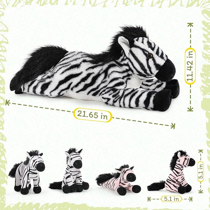 Tezituor 5-in-1 Zebra Stuffed Animals Family Set, 25 inch Realistic Mommy Stuffed Zebra with 4 Cute Babies, Large Black and White Horse Plush Pillow for Boys Girls
