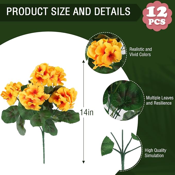Hananona 12 Pcs Artificial Geranium Flowers for Outdoors Geranium Silk Flowers Outdoor UV Resistant Garden Plants Faux Flowers for Home Kitchen Table Centerpieces Decor (12, Yellow)