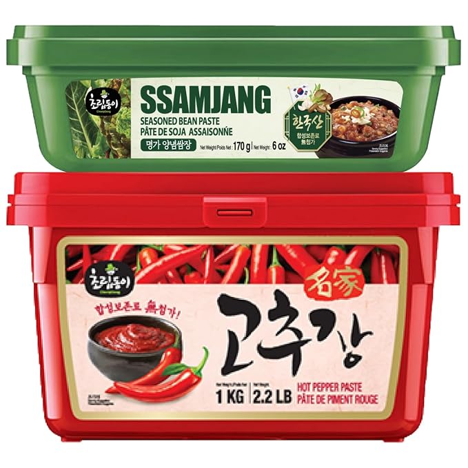 Korean Food Choripdong Gochujang & Ssamjang Sauce Set Red Chili Paste 670g | Korean sauce set with gochujang and ssamjang for grilling, dipping, and cooking. 500g chili paste and 170g soybean paste.