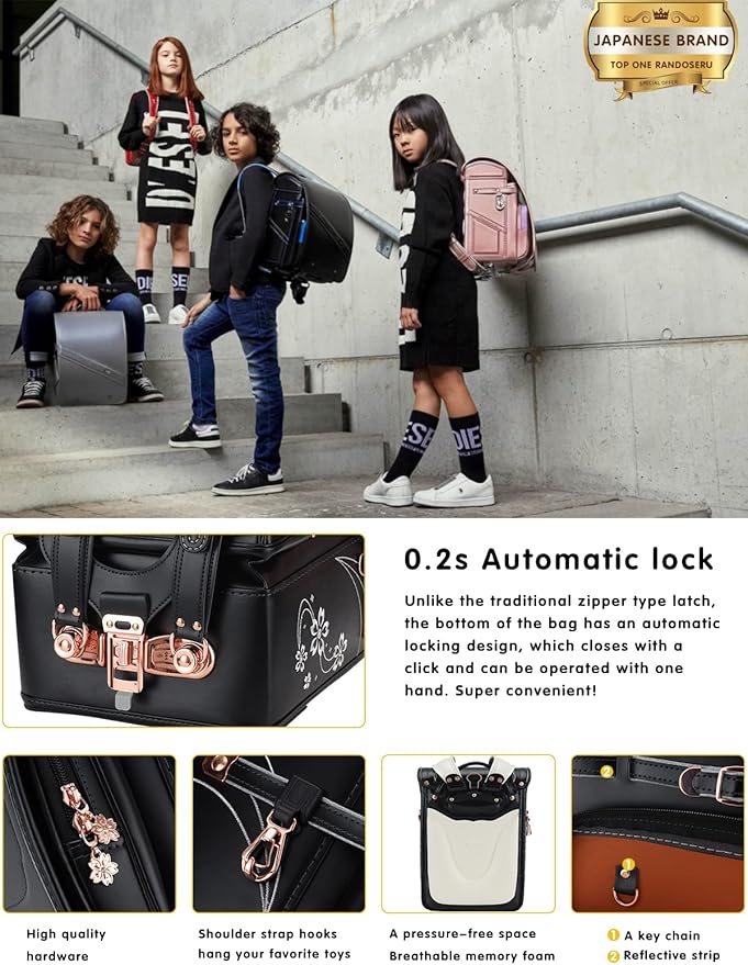 IwaiLoft Ransel Randoseru Backpack Automatic Satchel Japanese School Bag Cherry Blossom Sakura Embroidery PU Bookbag for Girls (Black)