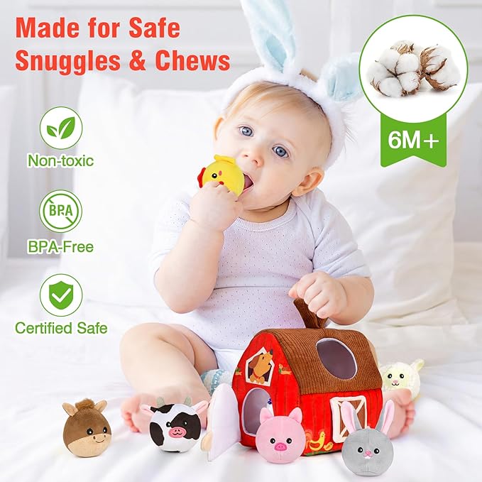Baby Toys 6-12 Months: Plush Surprise Barn with Stuffed Farm Animals, Rattle, Crinkle Paper, Mirror, Busy Montessori Toys for Babies, Infant, Newborn, Sensory Toys for Toddlers 1-3