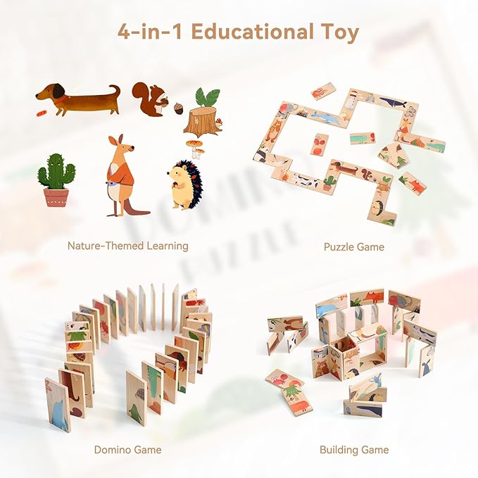 IEATFO 28 Pcs Wooden Domino Puzzle Set with Storage Box - Multicolor Plant, Animal and Landscape Designs - Montessori Toy with Nature-Themed Learning, Domino Game, Logic Puzzle and Building Blocks