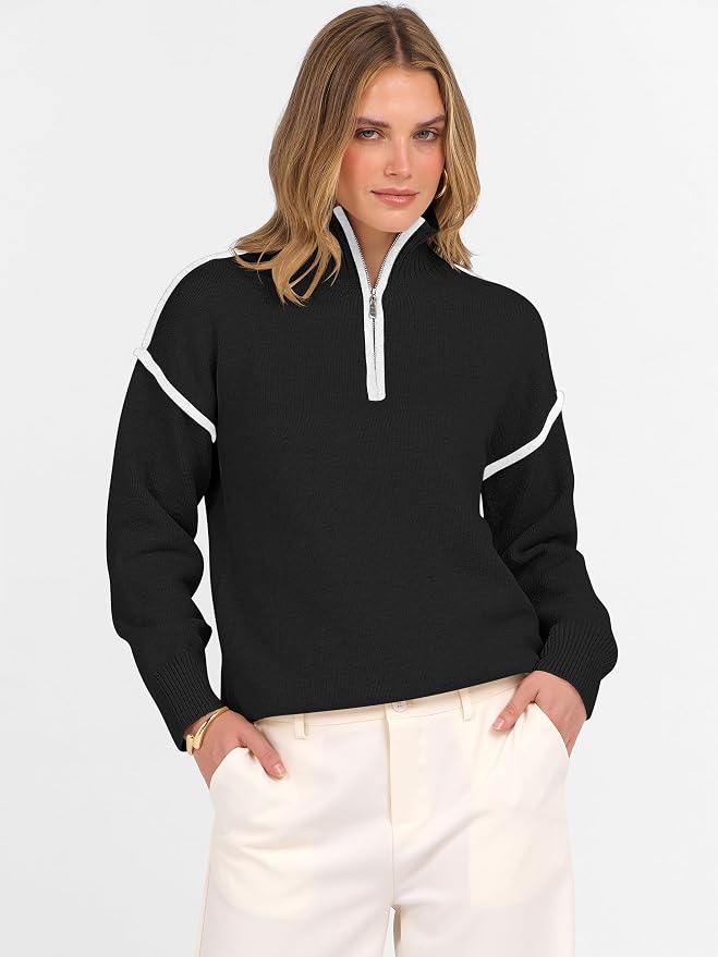 ANRABESS Womens Quarter Zip Sweaters Fall Long Sleeve V Neck Shirts Collared Business Casual Tops Knit Pullover Sweatshirts