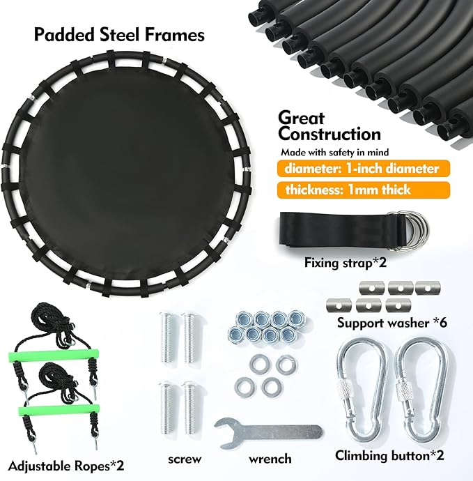 YSEJOMP Black Round Saucer Swing with Handles -Made of Sturdy Frame,PP Mat,Adjustable Multi-Strand Ropes,Safe and Durable for Yard Garden Playground Park (Black+Extra Straps, 48 inches)