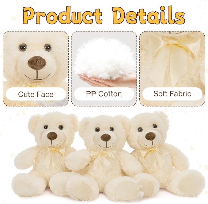 MaoGoLan 3 Pieces Bulk Teddy Bears Stuffed Animals Baby Shower, Soft Small Beige Stuffed Teddy Bears in Bulk, 13.5" Cuddly Mini Teddy Bears Centerpiece,Wedding,Party,Engagement