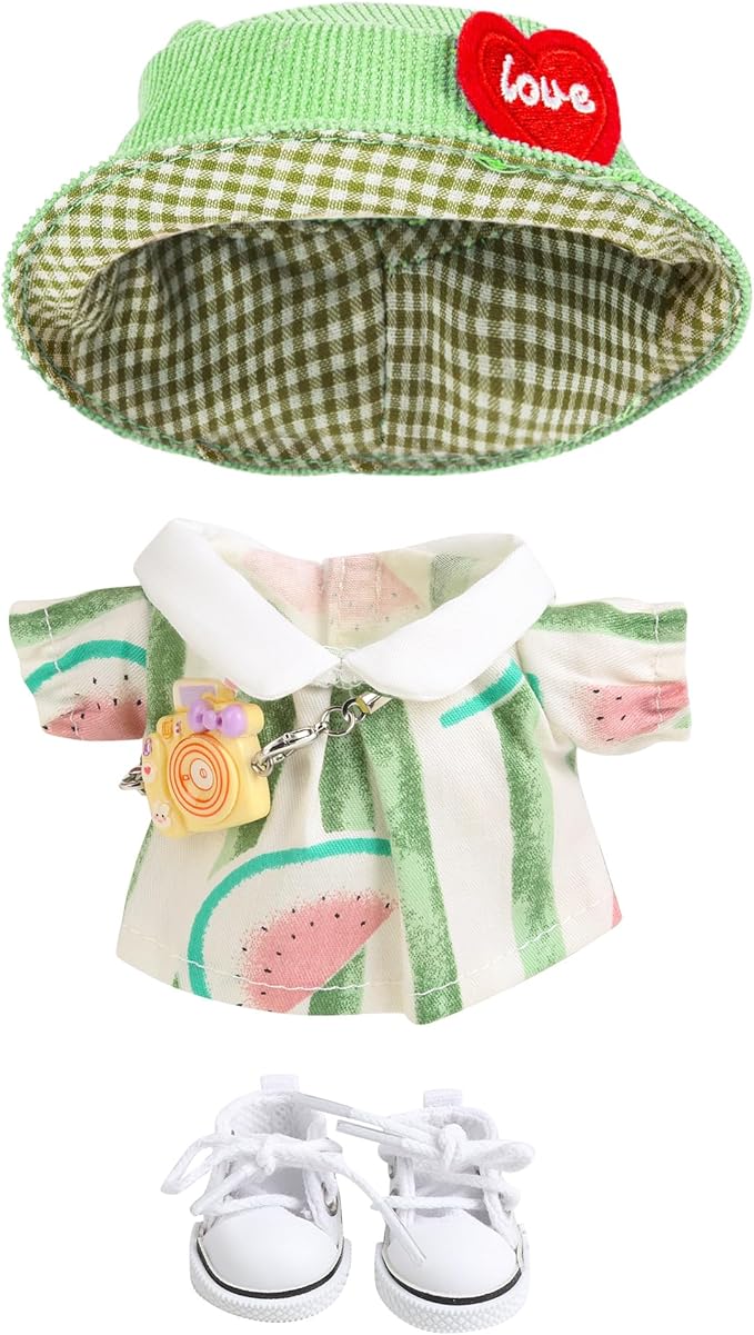 17cm Doll Clothes for Labubu - Kawaii Clown Style Set - Doll's Hat & Doll's Clothing & Doll's Shoes & Camera, Cute Doll Outfit with Accessories for Display, Collectors, Gift - Green (NO Dolls)