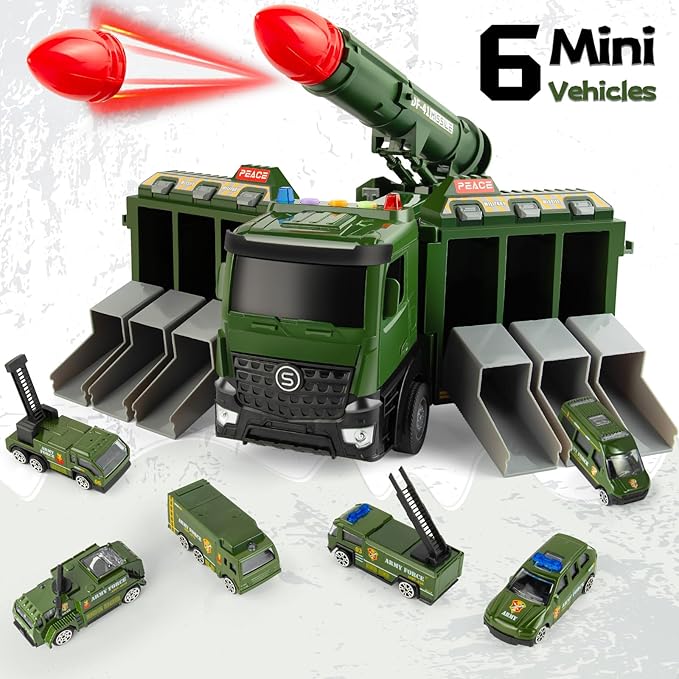 7 in 1 Military Truck Toys, with Rocket Launcher, 6 Mini Battle Vehicle Toy, Army Carrier Truck with Lights and Sounds, Green Toys Trucks Gifts for Toddler Kids Boys Girls Ages 4 5 6 7 8