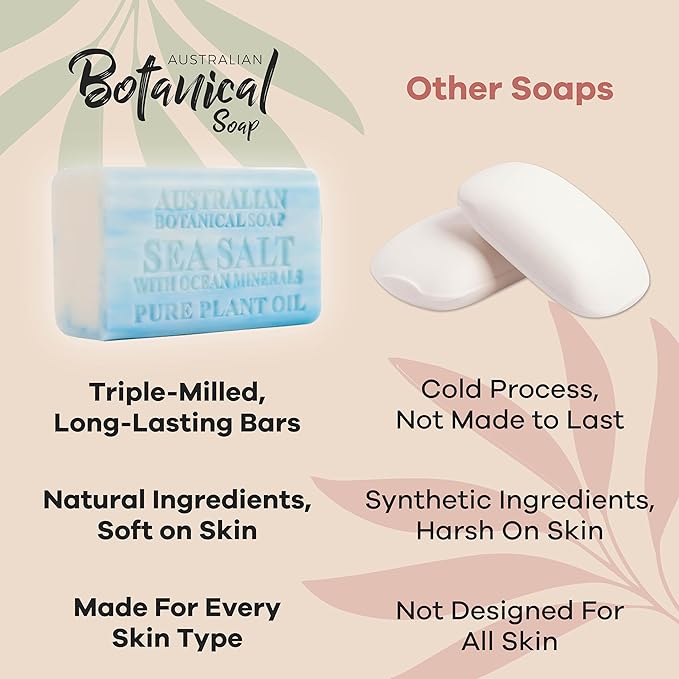 Australian Botanical Soap Sea Salt with Ocean Minerals – Triple Milled 6.6 oz Bar Soap with Shea Butter, Face Hand & Body Soap Bars, Pack of 4