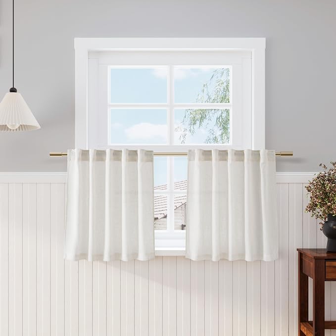 Nanspring Cafe Linen Curtains 24 Inch Length for Kitchen Windows Over Sink, Cream Natural Semi Sheer Light Filtering Back Tab and Rod Pocket Drapes for Small Window 34 x 24 Inch,2 Panels