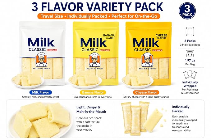 Milk Classic Rice Snack Variety Pack, Korean Crispy Rice Snack, Light & Melt-in-The-Mouth Texture, Individually Wrapped Travel Size Snacks, Banana Cheese Milk Flavors, 3 Pack, 1.97 oz Each