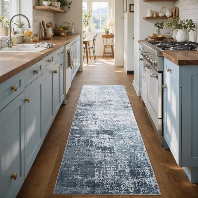 2x6 Ft Washable Runner Rug, Non-Slip Low Pile Hallway Kitchen Area Rug, Soft Long Entryway Floor Mat Abstract Pattern Carpet for Bedside & High-Traffic Areas (Blue)