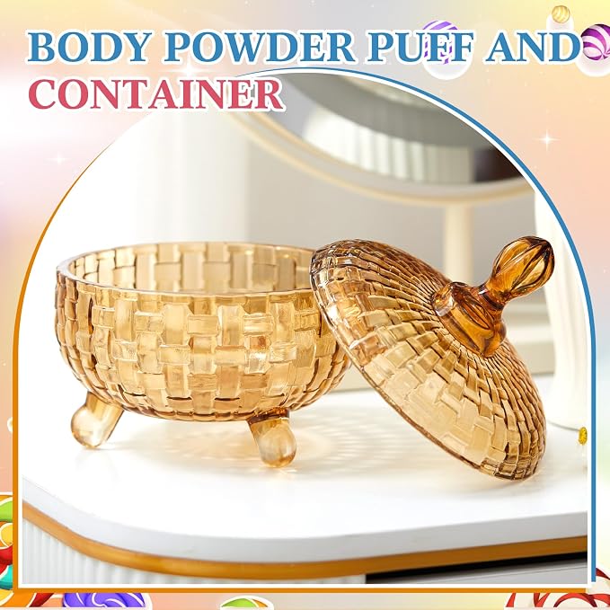 Tioncy 2 Pcs Extra Large Dusting Powder Puff and Container for Women-6'' Glass Crystal Dusting Powder Container with Body Soft Washable Reusable Velour Face(Amber,Weave Design)