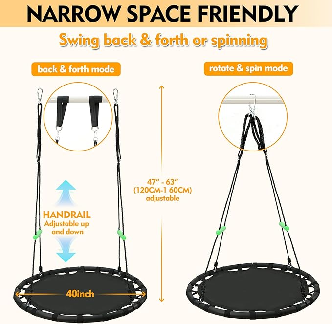 YSEJOMP Black Round Saucer Swing with Handles -Made of Sturdy Frame,PP Mat,Adjustable Multi-Strand Ropes,Safe and Durable for Yard Garden Playground Park (Black+Extra Straps, 40 inches)
