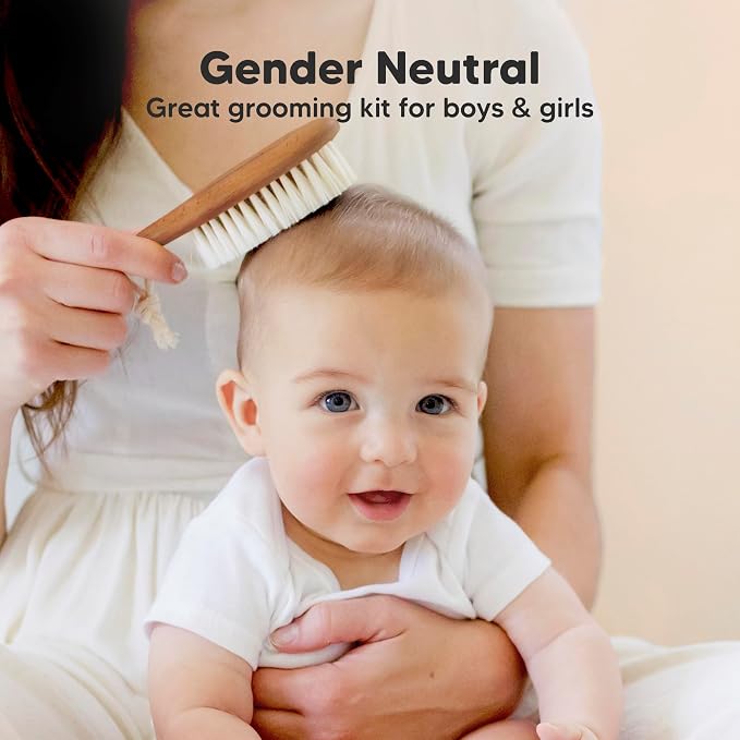 Wooden Baby Hair Brush Set for Newborns, Toddlers - Soft Goat Bristle Baby Brush and Comb Set Newborn Grooming Kit for Cradle Cap Care,Durable & Gentle,Boy,Girl Infant Essentials(Regular, Dark Walnut)