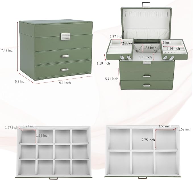 Jewelry Organizer Box, Large Jewelry Boxes for Women Girls, Space-Saving 4 Layers Jewelry Storage Case with Drawer, Movable Metal Stand, Modern, Gift Idea (Green)