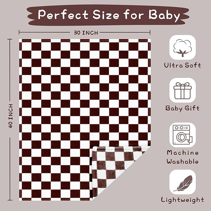 Yurhap Checkered Baby Blanket Fleece Baby Blankets Neutral for Boys Girls, Super Soft Warm Lightweight Infant Toddler Newborn Receiving Gifts for Crib Stroller, 30x40 Inch, Brown