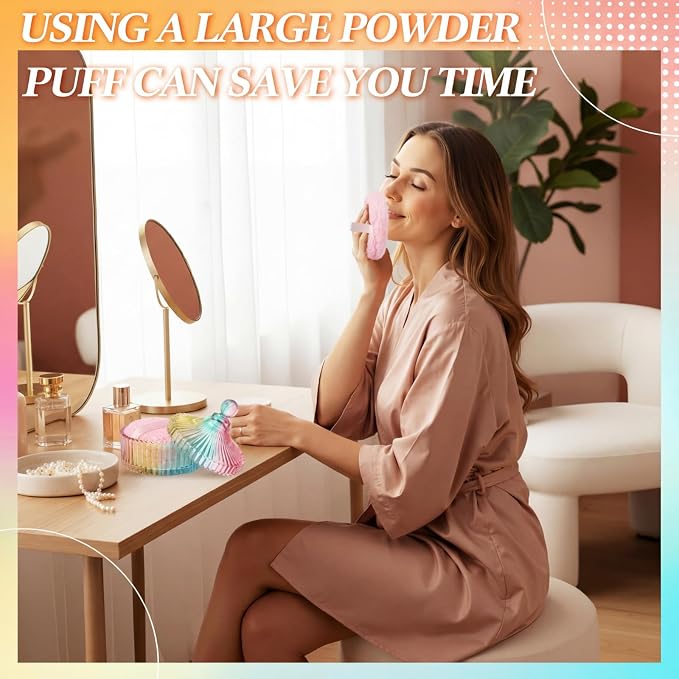Extra Large Body Powder Puff and Container, 5.5'' Crystal Container with 5.3'' Oversize Dust Powder Puff Washable Reusable Face Body Glitter Wet Dry Makeup Gift(Colorful)