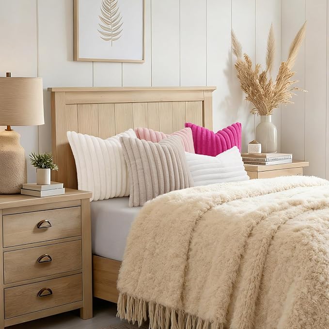 decorUhome Fall Faux Fur Throw Pillow Covers 22x22 Set of 2 White | Decorative Soft Cozy Striped Plush Modern Farmhouse Boho Couch Pillow Cases Velvet Back for Sofa Bed Living Room Home Decor