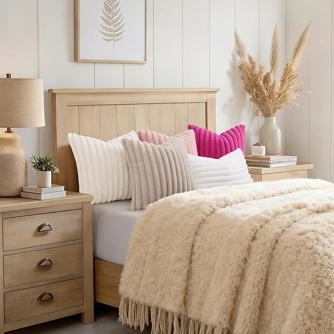 decorUhome Fall Faux Fur Throw Pillow Covers 18x18 Set of 2 White | Decorative Soft Cozy Striped Plush Modern Farmhouse Boho Couch Pillow Cases Velvet Back for Sofa Bed Living Room Home Decor