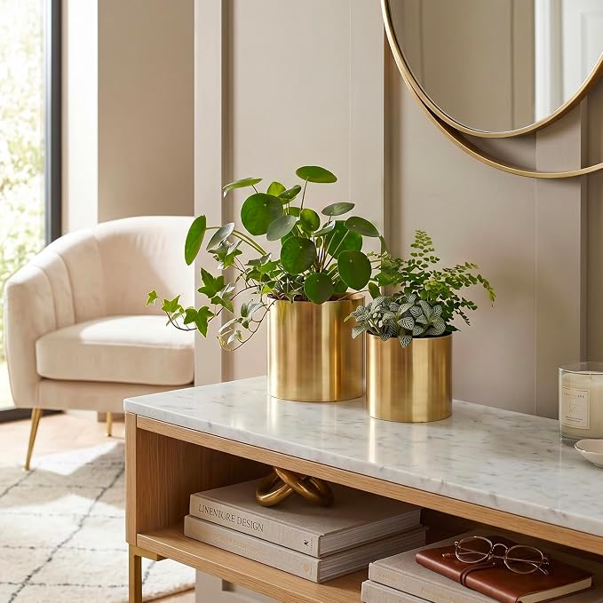 MyGift Modern Brushed Brass Plated Indoor Plant Pot, Cylindrical Metal Vase, 5 and 6 Inch, Set of 2 - Handcrafted in India