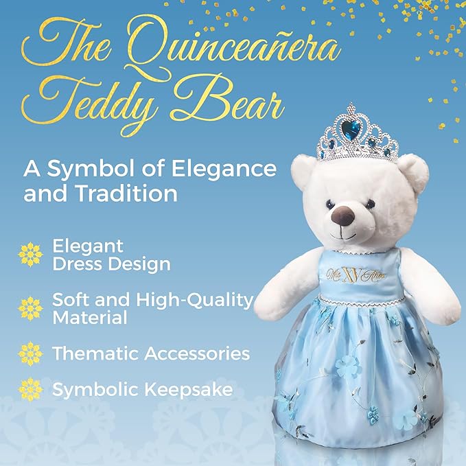 Quinceañera Teddy Bear 18-inches Tall with Dress for 15th Birthday, Quince Bear with Matching Crown, Ideal Keepsake for 15th Birthday, Mis XV Años - Light Blue