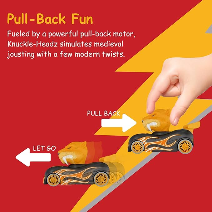 Knuckle Headz Pop-Up Racer Car Toys (2-Pack), Friction-Powered Pull Back Race Car, Head Popping Fun Gift for Kids, Boys, Girls, Ages 3+, Tiger & Wolf