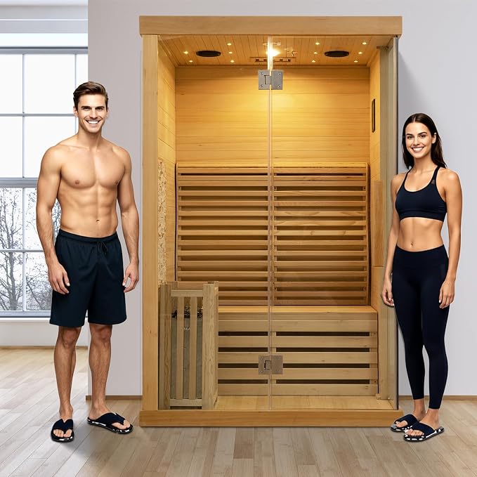 Smartmak Wood Home Traditional Steam Sauna, WiFi Control 2 Person Luxurious Indoor Canadian Hemlock Wooden Spa Room, with 3.5 kw Heater, Backrest, Bluetooth Speaker, Rock, Water Bucket, Spoon, Light