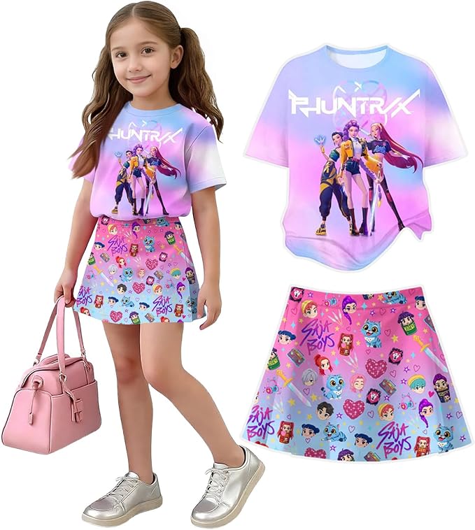 Girls 2-Piece Anime Outfit Set, Short Sleeve Graphic T-Shirt and Printed Skirt Set