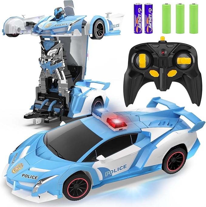 Remote Control Car - Transforming Toy Car Robot, One-Button Deformation with Flashing Lights 2.4GHz 1:18 Scale Transforming Police Car with 360-Degree Rotation Toys for Boys and Girls