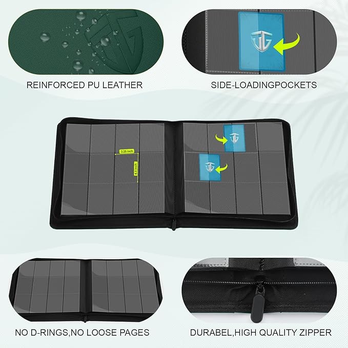 12 Pockets Trading Card Zipper Binder for 720 Cards| Secure Side Loading Pockets | Trading Card Album Folder | Compatible with YuGiOh, MTG (Dark Green 12)