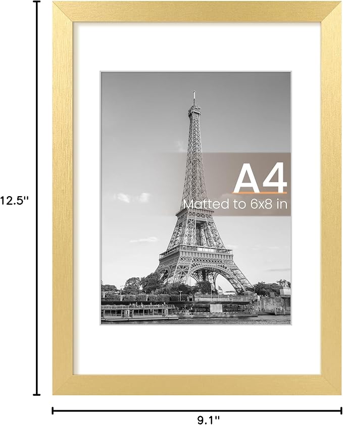 upsimples A4 Picture Frame, Display Pictures 6x8 with Mat or 8.3 x 11.7 Without, Wall Hanging Photo Frames, Gold, 1 Pack