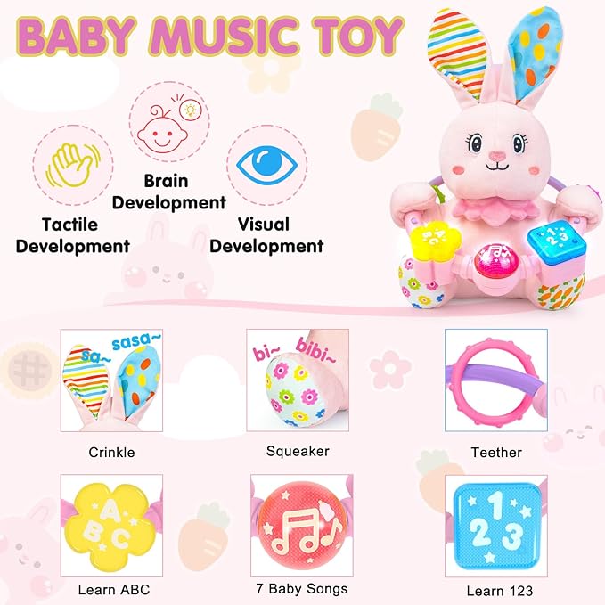 Baby Bilingual Musical Rabbit Stuffed Animals Toys,Infant Early Learning Toy with Light-Up Music & Crinkle,Tummy Time Toys for 0 3 6 9 12+ Months for Baby Boy Girl Gift,Pink