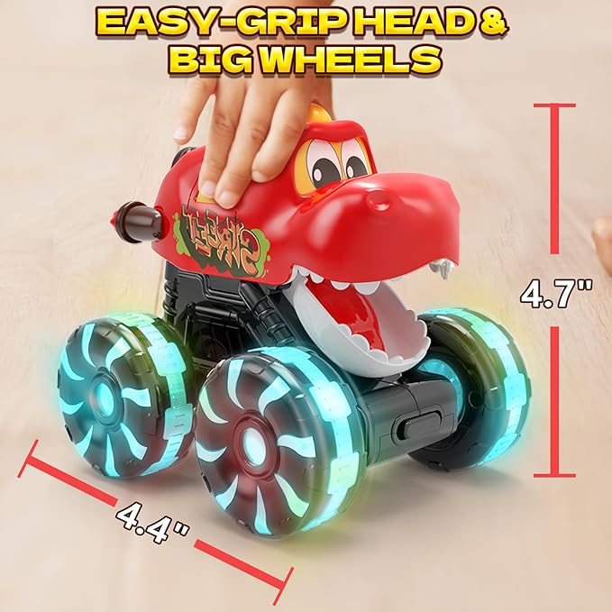 Red Chomping Dino Monster Truck Toy – Press and Go Car with LED Light Wheels – Light-Up Push Car for Toddlers Boys Girls Ages 2 3 4 5 – Dinosaur Toy with Moving Mouth Action