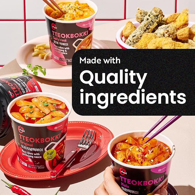 Spicy Cup Tteokbokki Instant Rice Cakes Korean – [Mala (Tingly Sichuan Spice) | Pack of 6] – Ready in 3 Minutes | Gluten-Free, Chewy, Quick & Easy Meal | Street Food Snack | 0 Cholesterol/ 0 Trans Fat - O’food