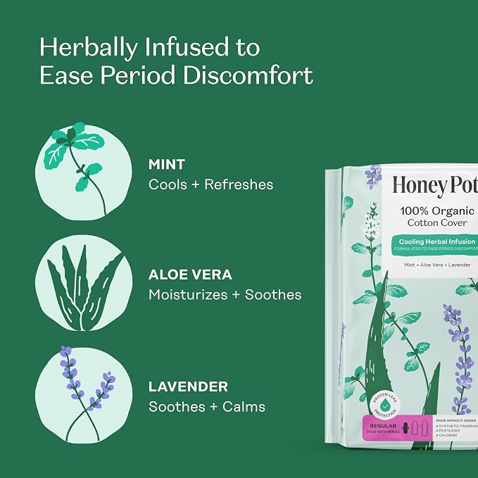 Honey Pot - Herbal Sanitary Pads for Women - Regular Flow w/Wings - Infused w/Essential Oils for Cooling Effect & Organic Cotton Cover – Medium Pack - Feminine Care - 32 ct