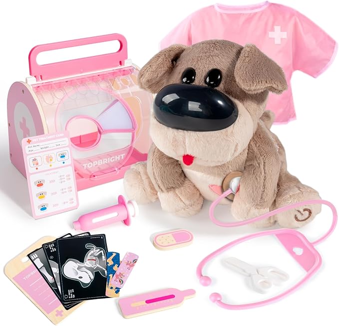 Interactive Vet Play Set, Toy Veterinarian Kit for Kids,Pretend Pet Doctor Set with Electronic Dog and Dress Up Costume Playset for Toddler Girls 3-5 Gifts