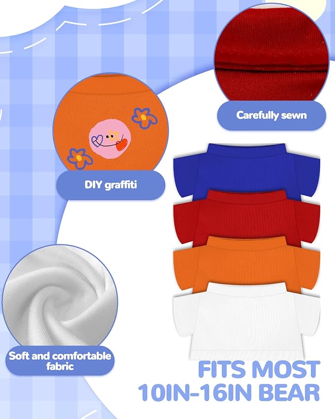 4 PCS Stuffed Bear Basic T Shirt Clothes for 10-12Inch, T Shirt Classic Crew Neck Bear, Cute Tiny Clothes DIY Bear Toy (10-12 Inch,4color)