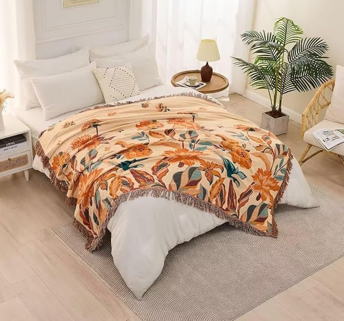 Boho Throw Blanket for Bed 100% Cotton Bohemian Blankets Ultra Soft Woven Muslin Decorative Blankets All Seasons Vintage Quilt Knitted Blanket for Sofa Chair(Orange, 80"x90")
