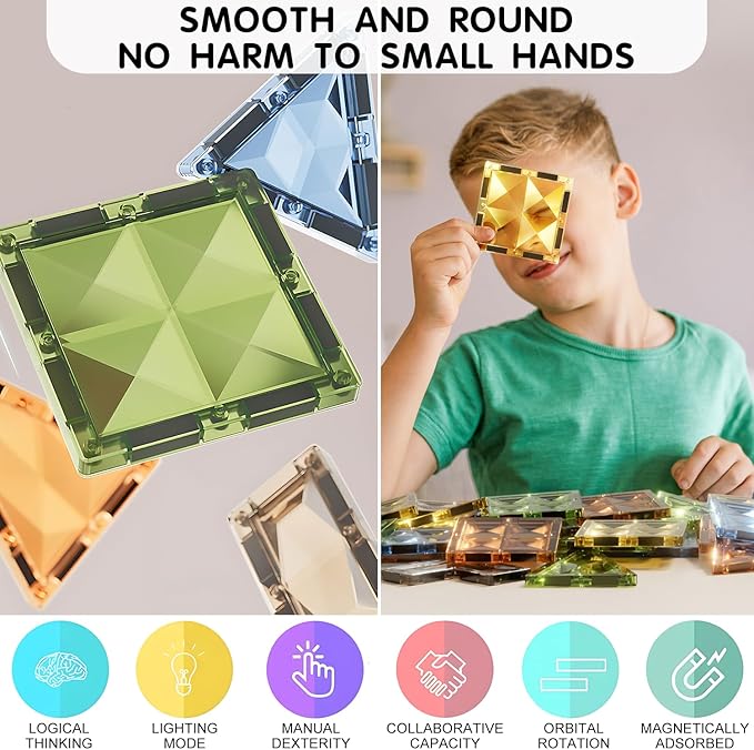 Deluxe Quality Magnetic Tiles Building Set with Attractive Reflective Pattern, LED Lights, Marble Run, and Cars - STEM Educational Toy for Creative Kids Girls Boys 3+ (87 pcs Ferris Wheel)
