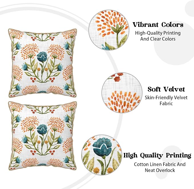 KSLIDS Floral Leaf Soft Velvet Throw Pillow Covers Set of 2 Orange Flowers Sage Green Leaves Decorative Pillow Covers 20x20 Inch Farmhouse Pillow Case for Sofa Couch Living Room Home Decor