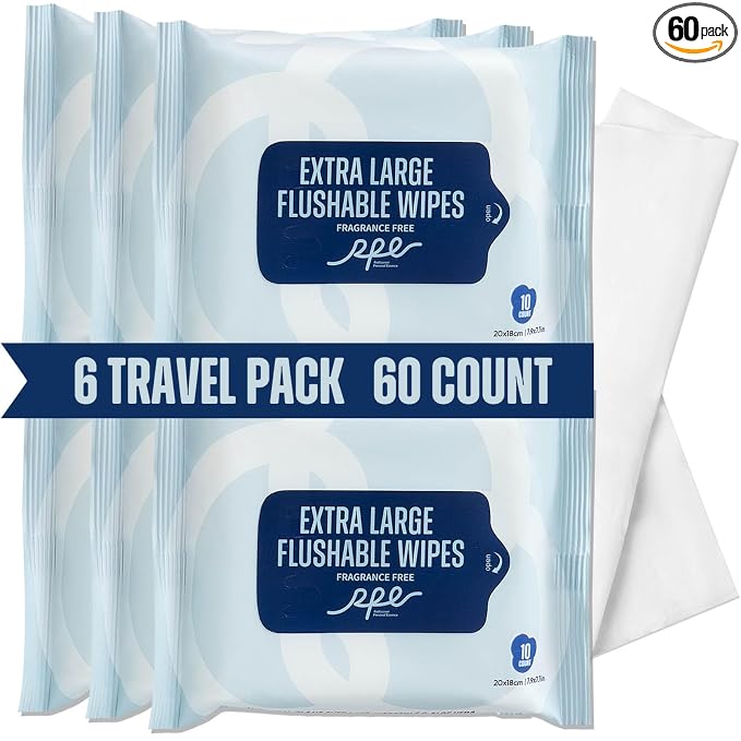 RPE Life Flushable Wet Wipes - 6 Portable Travel Size Packs (60 Ct) - Unscented Extra-Large Body & Hand Tissue with Vitamin E & Aloe - For Adults, Kids & Children - Perfect for On-the-Go & Outdoor Use