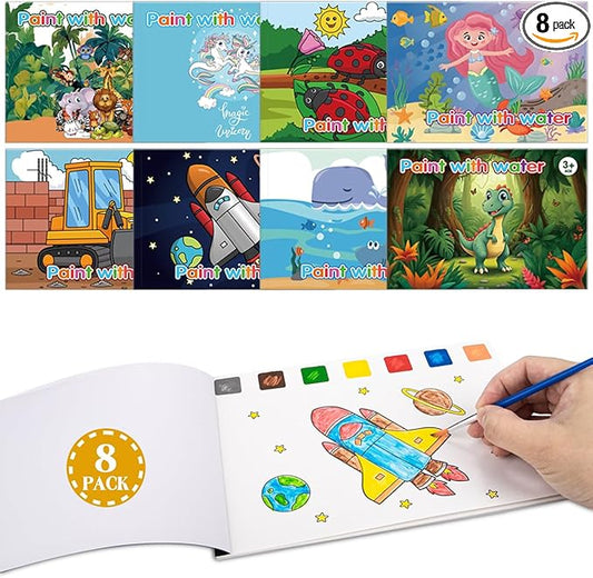 8 Pack Coloring Books Party Favors for Kids, 8 Theme Water Coloring Books Paint Sets for Kids, Art Craft Coloring Gift with Brush Classroom Prizes Return Gifts for Birthday