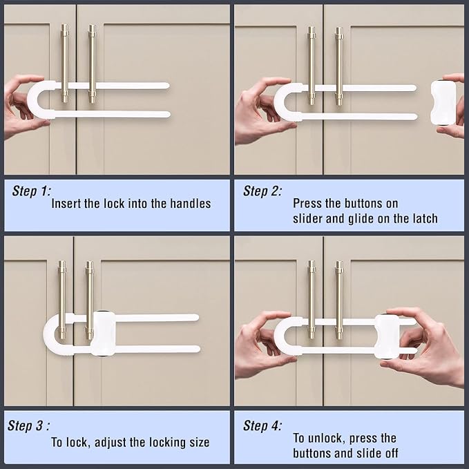 Sliding Cabinet Locks for Baby, Baby Proofing Adjustable U-Shaped Baby Safety Latches for Handles Knobs Drawers, Fridge, Closet, Cupboard, Closet with Secure Lock Buttons,2Pack (White)