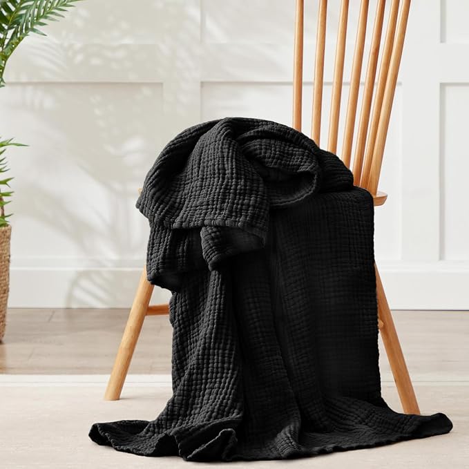100% Cotton Muslin Blanket California King 120" x 90", 6 Layers Breathable and Lightweight Oversized Blankets for Bed, Soft Cooling Gauze Blanket for Adults All Season, Black