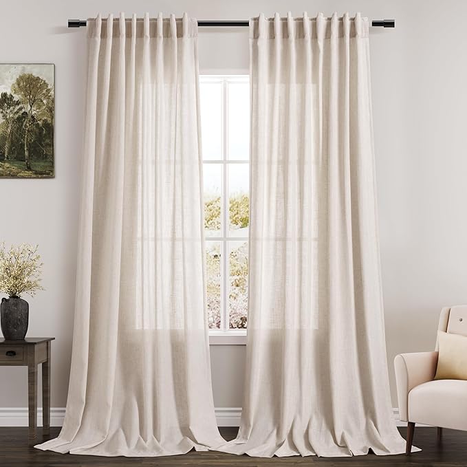 Nanspring Beige Semi Sheer Linen Curtains 90 Inches Long for Living Room 2 Panels Set Back Tab Rod Pocket Linen Tall Vertical Curtains Light Filter Privacy Curtain Drapes for Bedroom Aesthetic 60x90