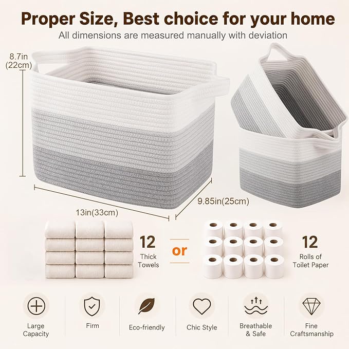 OIAHOMY Storage Basket, Woven Baskets for Storage, Cotton Rope Basket for toys,Towel Baskets for Bathroom - Pack of 3, Gradient Gray