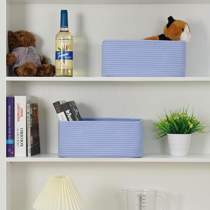 3 Pack Small Storage Baskets for Organizing, 11.8×7.8×5.1", Sky Blue | Woven Baskets for shelves, Cotton Rope Basket for Gifts Empty, Closet Organizer Bins with Handles, Cube Decorative Box