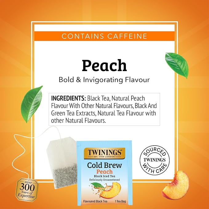 Twinings Peach Cold Brew Iced Tea Bags, 20 Count (Pack of 6), Unsweetened Flavoured Black Tea, Caffeinated, 120 Teabags