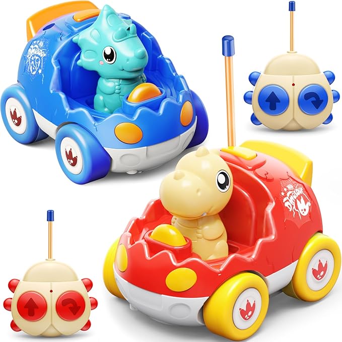 2 Pack Dinosaur Remote Control Cars Toys for Kids 2 3 4 5 Years Old, Valentine's Day Birthday Gifts for Boys and Girls Ages 2-5, Dino Race Car Toddlers Toys with Music and Light(Red Blue)